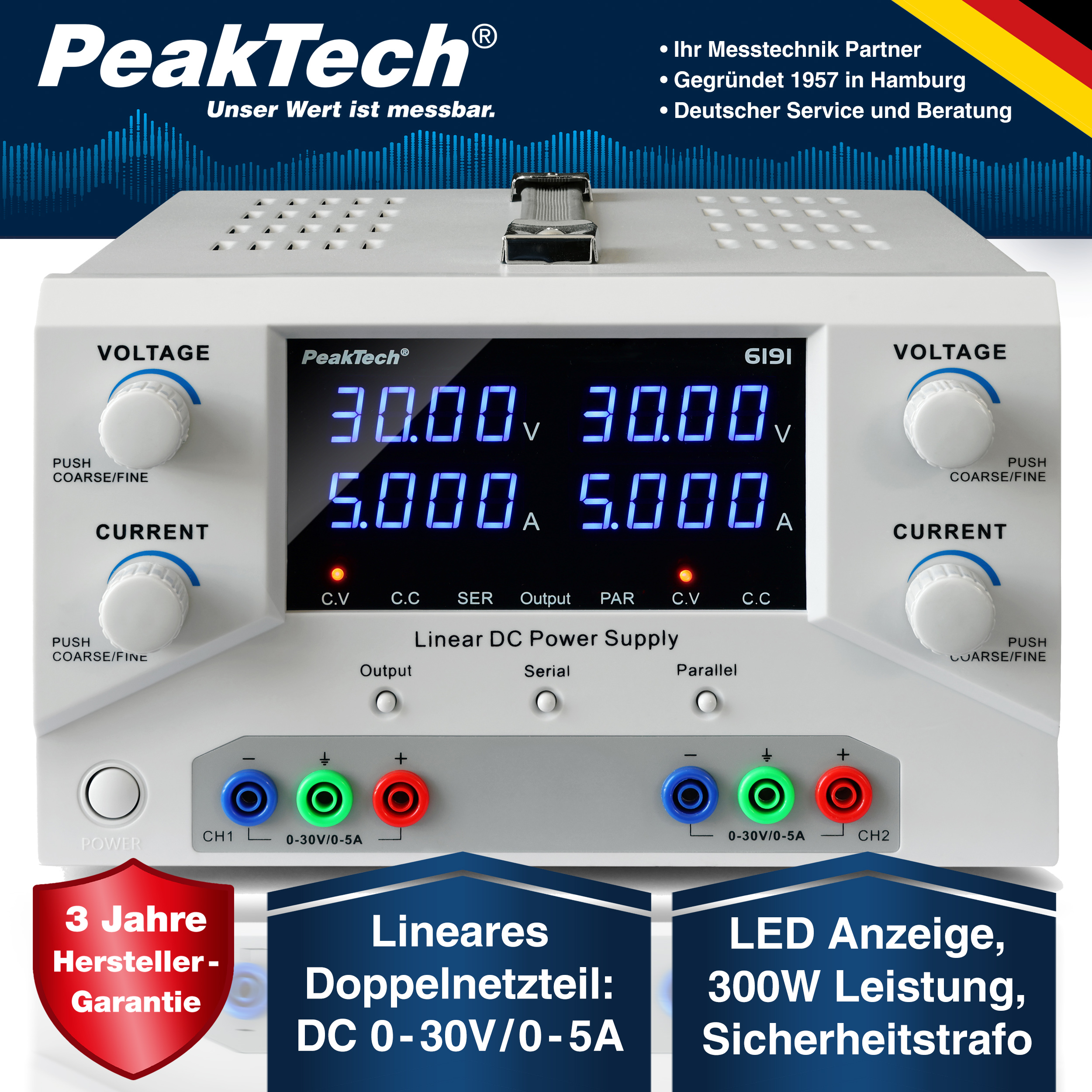 «PeakTech® P 6191» Digital Labornetzgerät 2x 0-30 V / 0-5 A DC