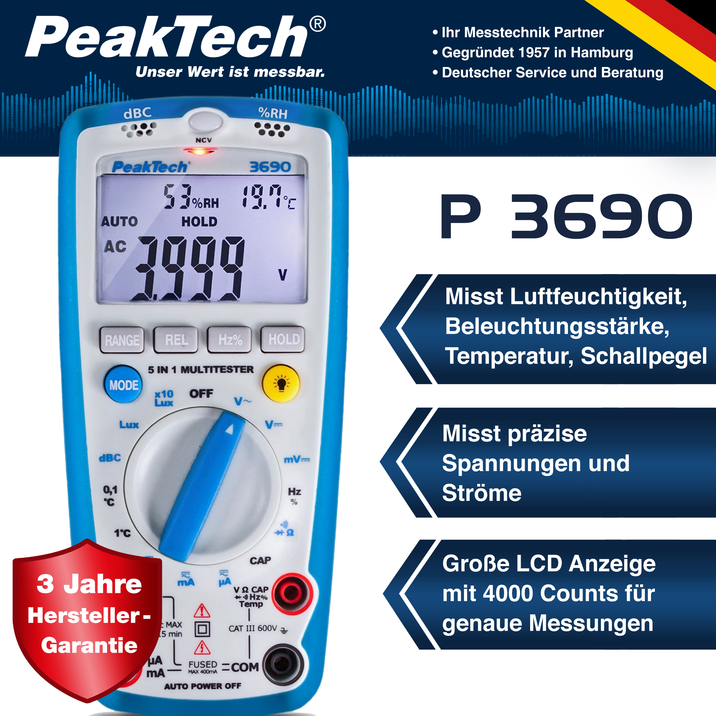 «PeakTech® P 3690» Multimeter, 4.000 Counts mit Umweltmessungen