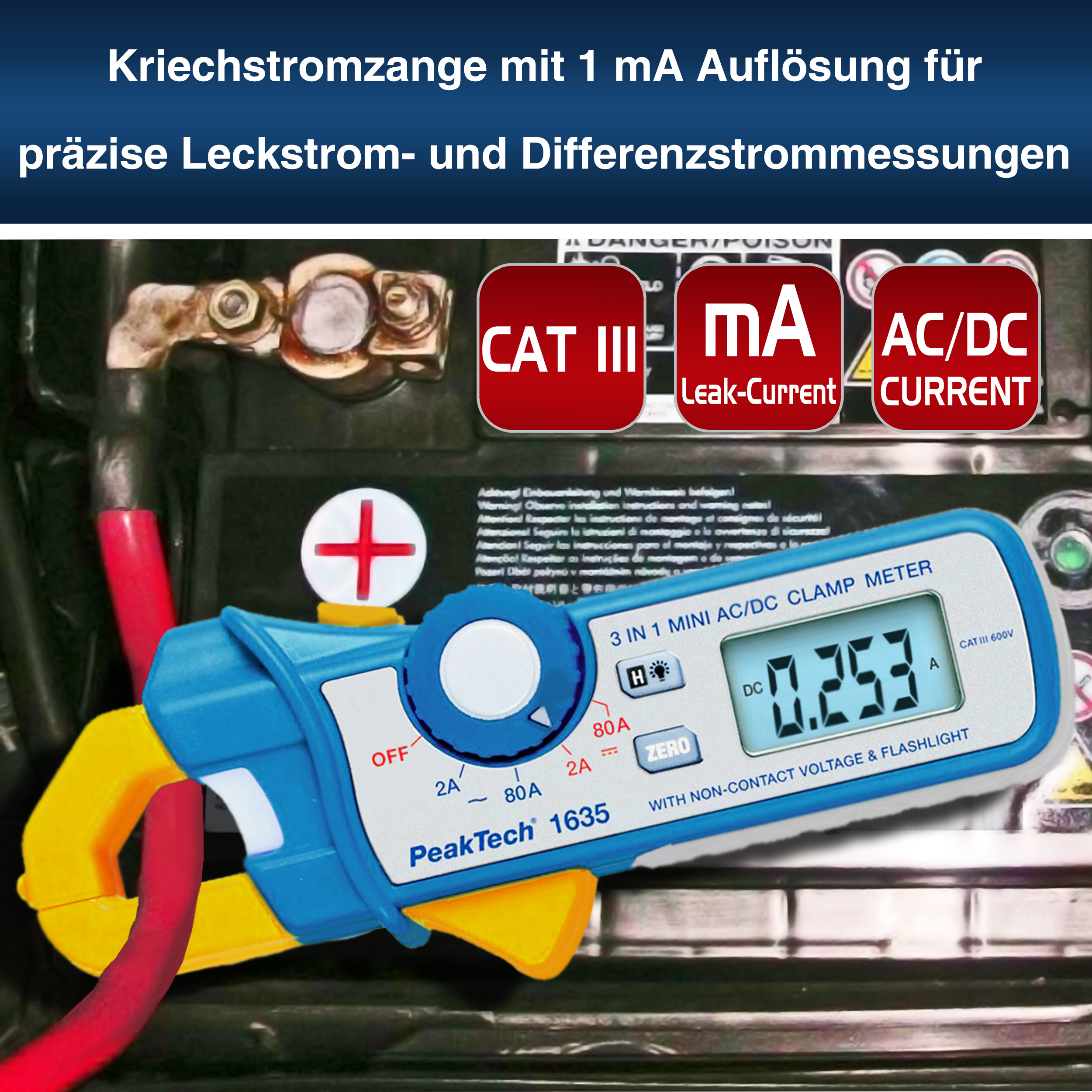 «PeakTech® P 1635» Leakage current clamp 2/80 A AC/DC, 1mA resolution