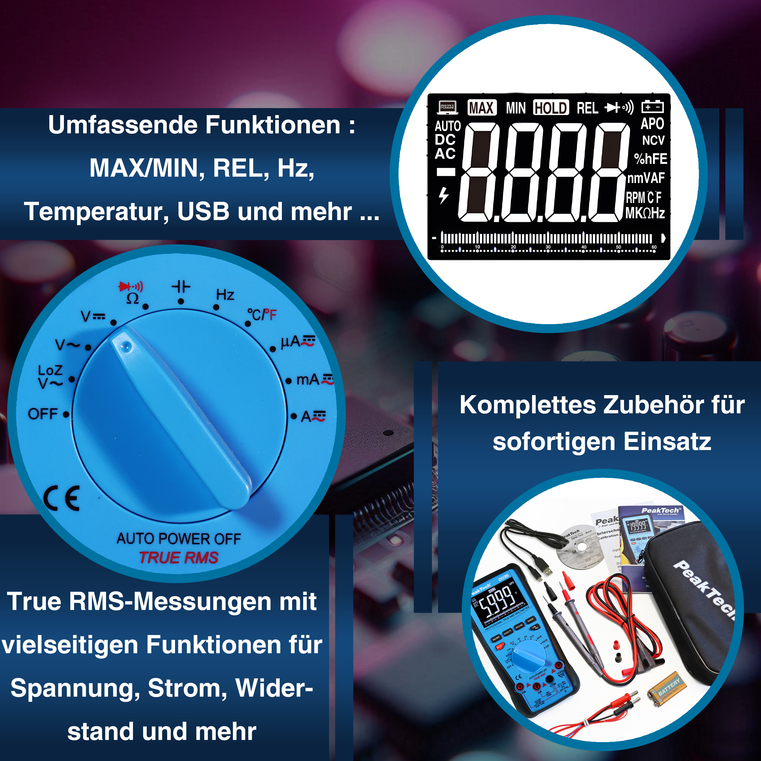 «PeakTech® P 2035» True RMS 1000V Digital Multimeter 6000 Counts, USB