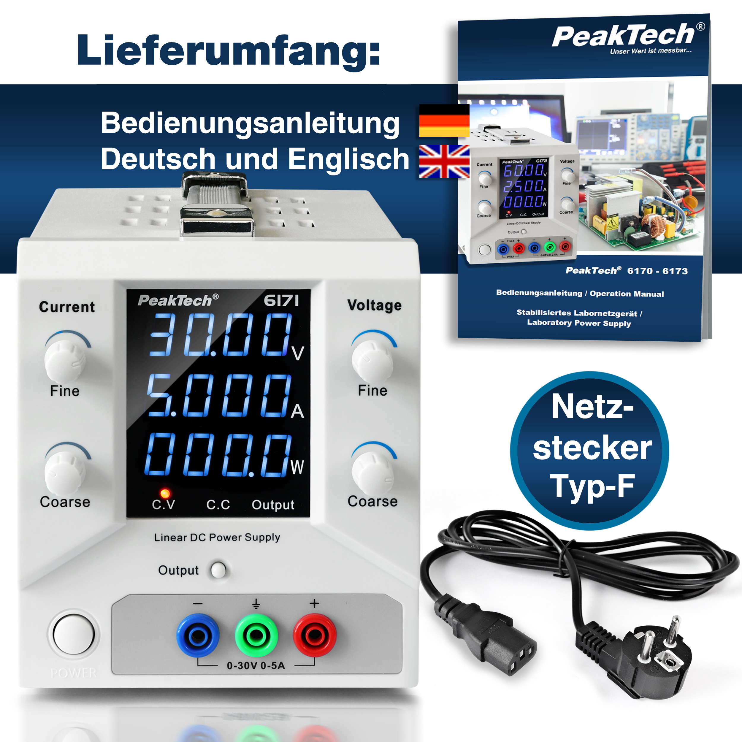 «PeakTech® P 6171» Laboratory power supply 0-30 V / 0-5 A DC