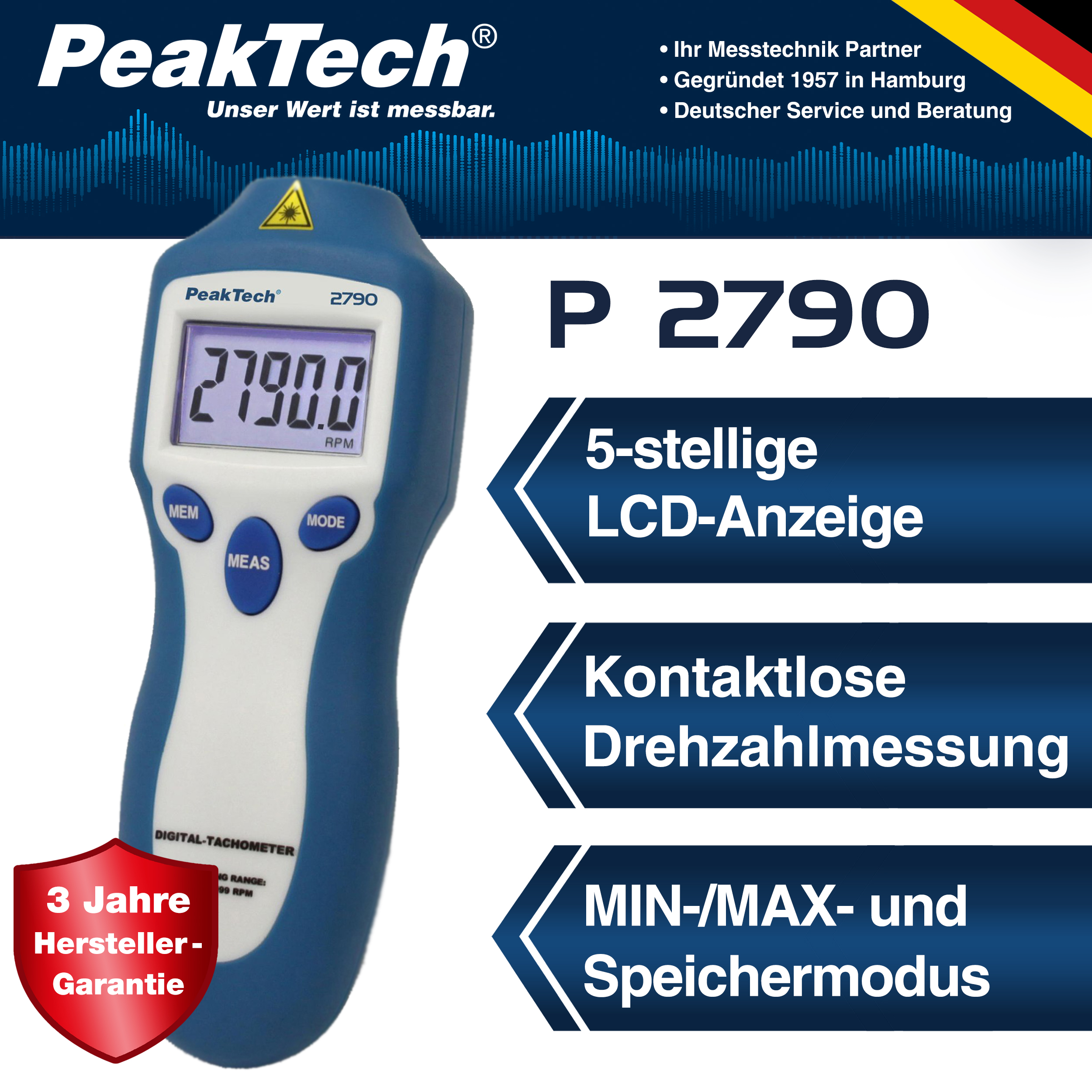 «PeakTech® P 2790» Tachometer, 5-digit 1 ... 99,999 rpm