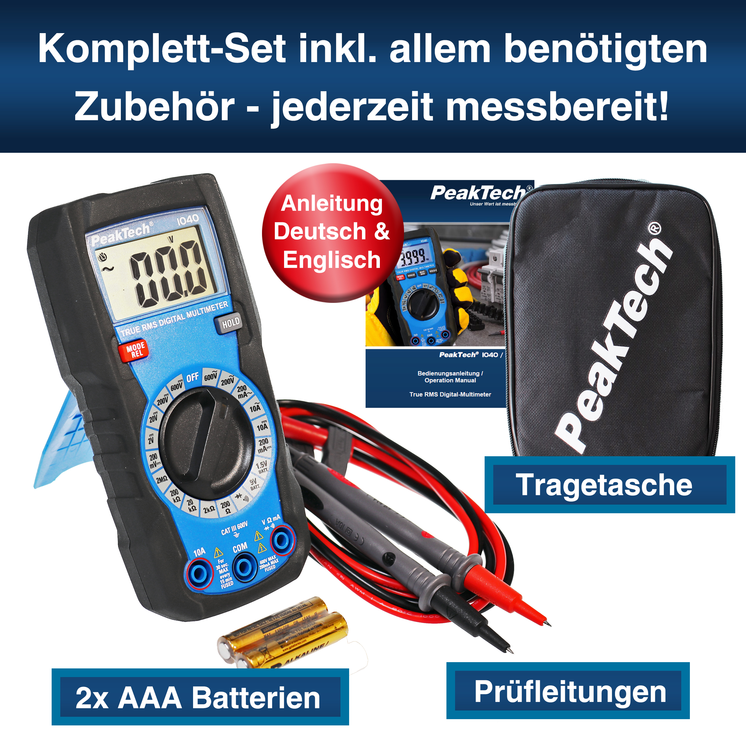 «PeakTech® P 1040» TrueRMS Digital Multimeter 2000 Counts, Man. Range