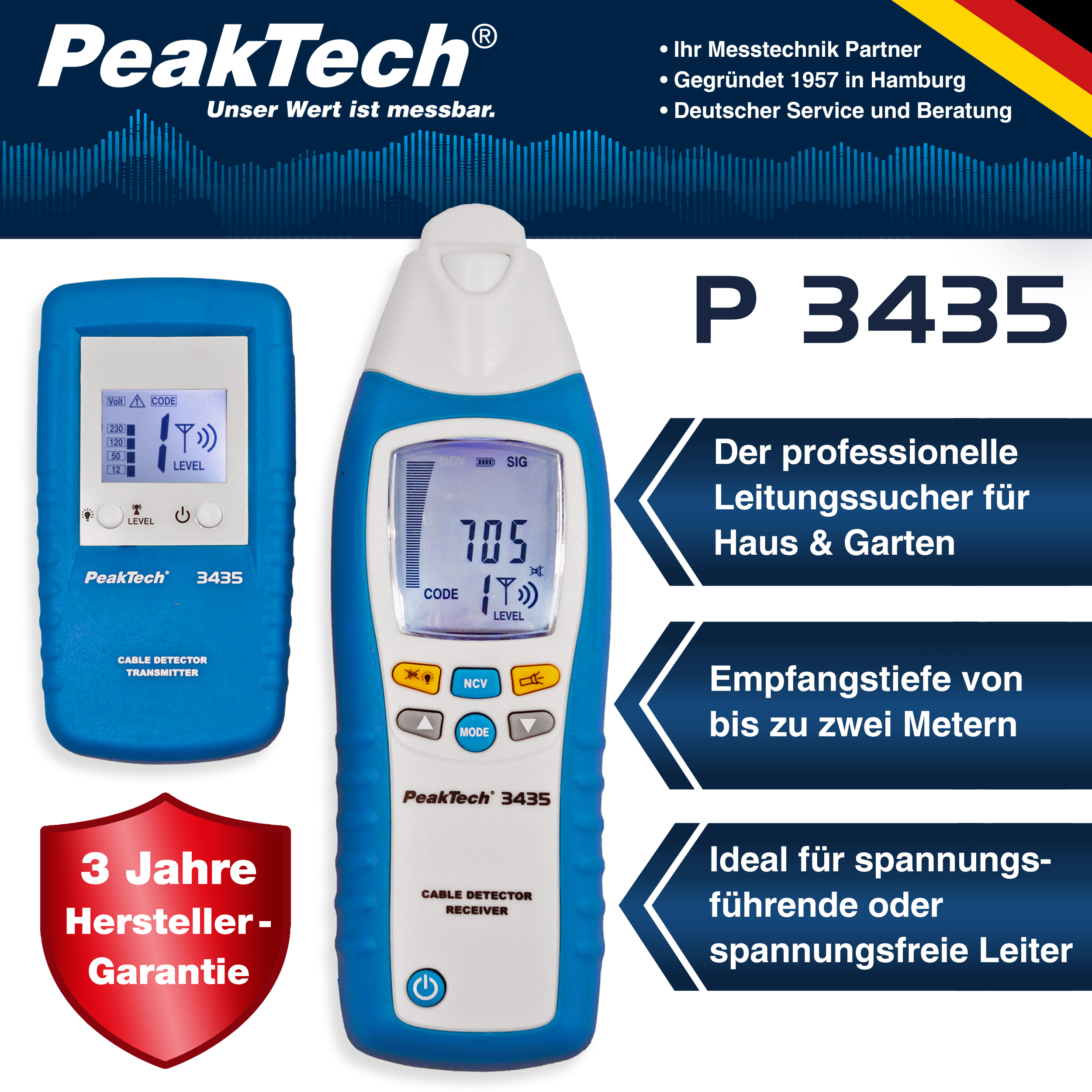 «PeakTech® P 3435» Cable detector - set, transmitter and receiver