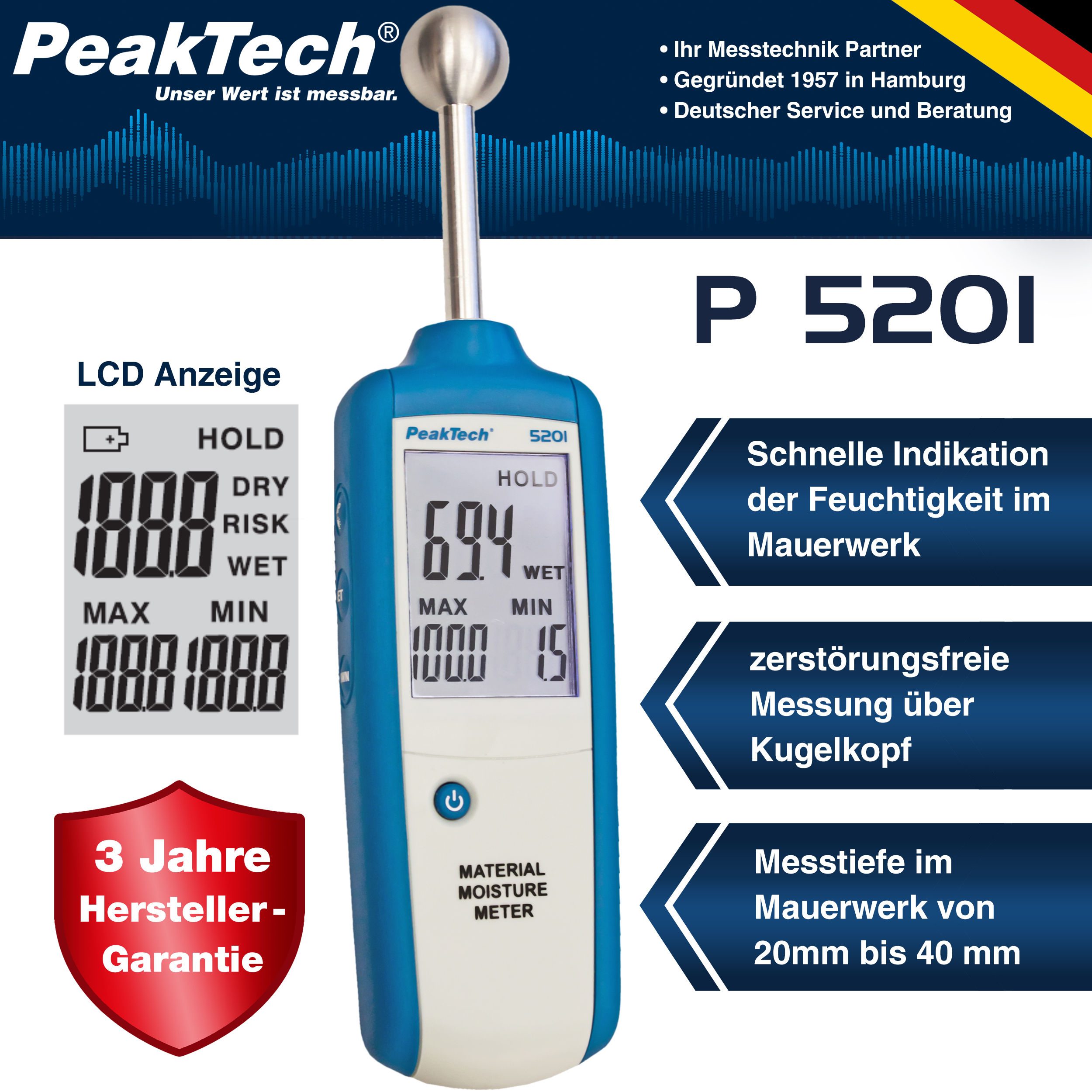 «PeakTech® P 5201» Wood - and Material Moisture Meter