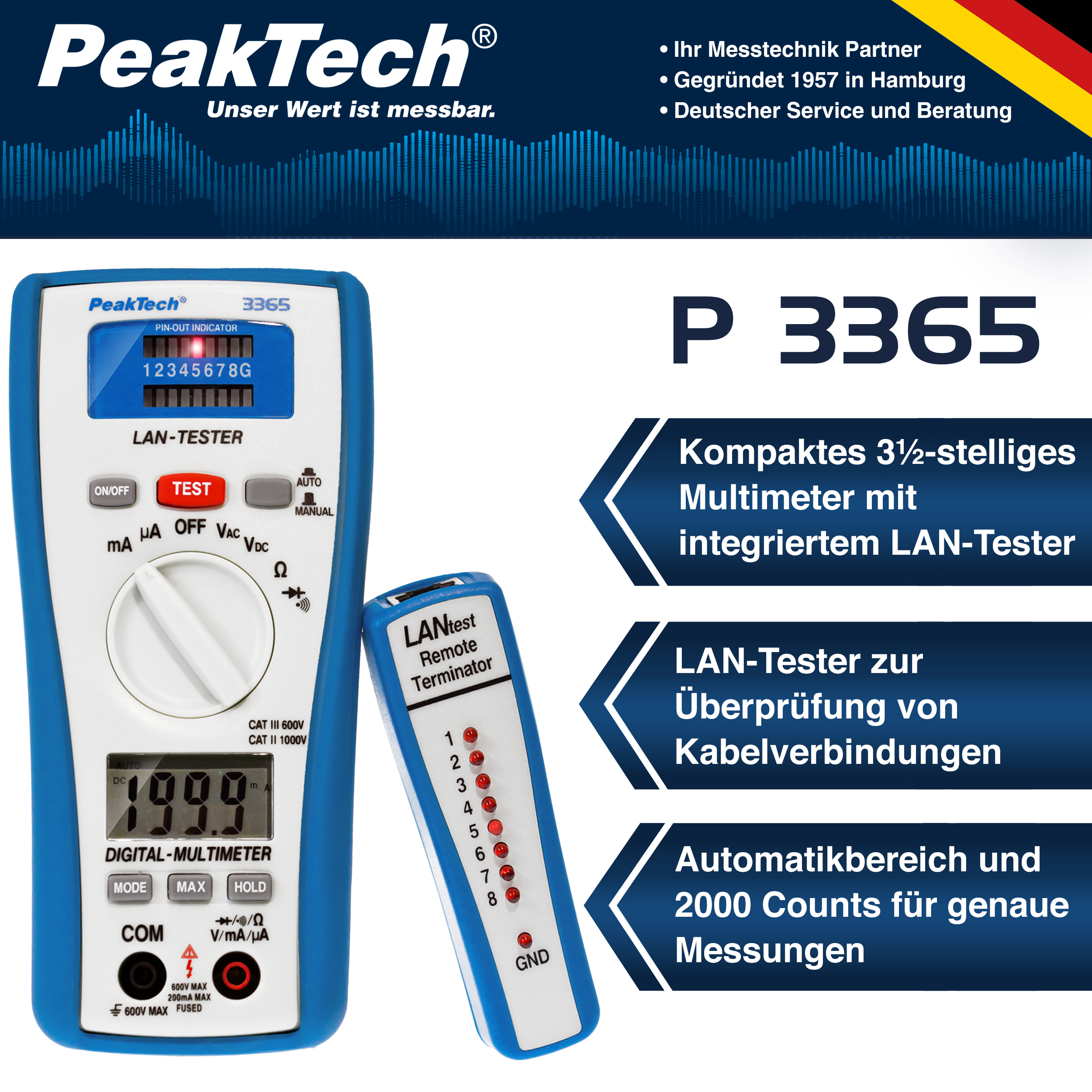 «PeakTech® P 3365» Digital multimeter, 2,000 counts, with LAN tester