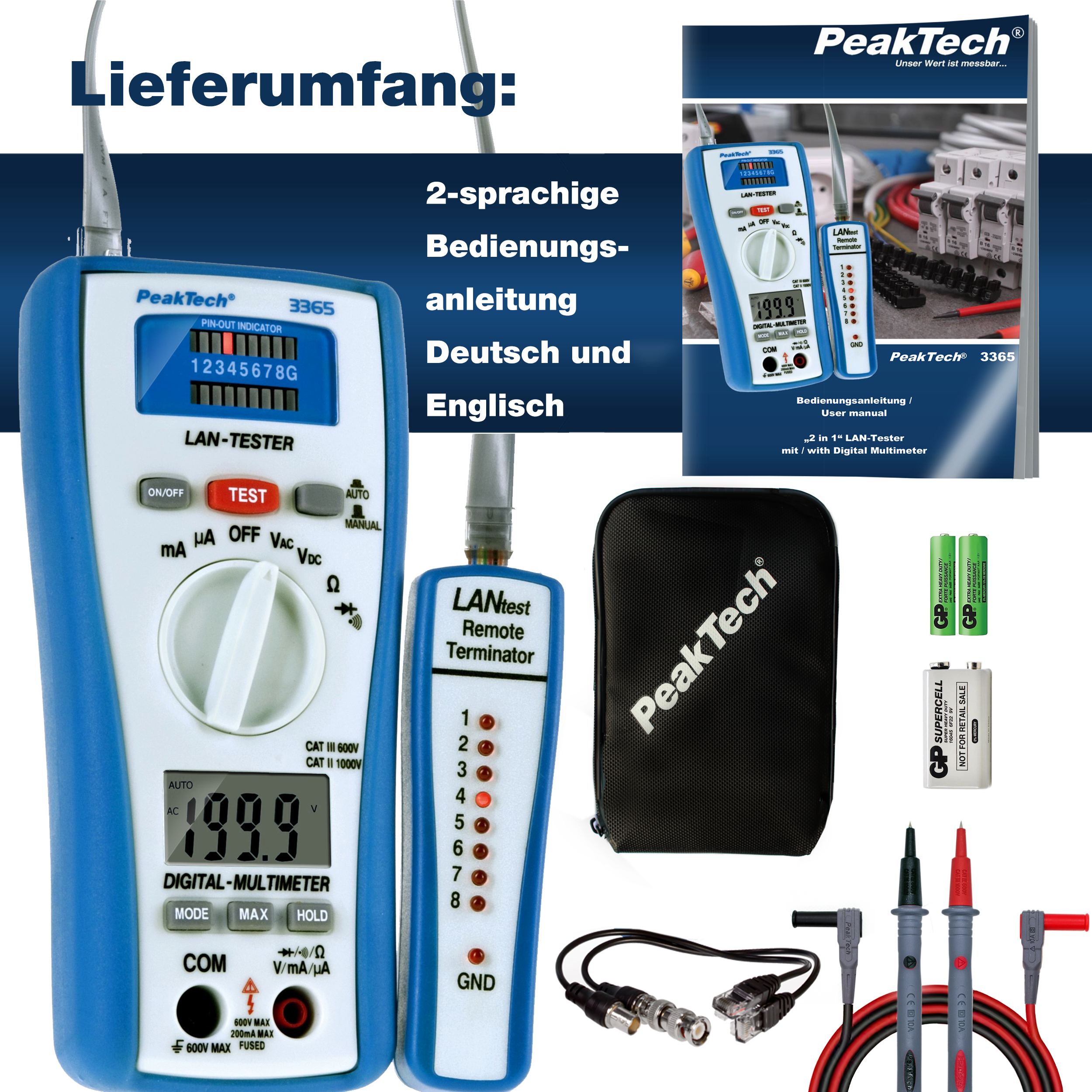 «PeakTech® P 3365» Digital multimeter, 2,000 counts, with LAN tester