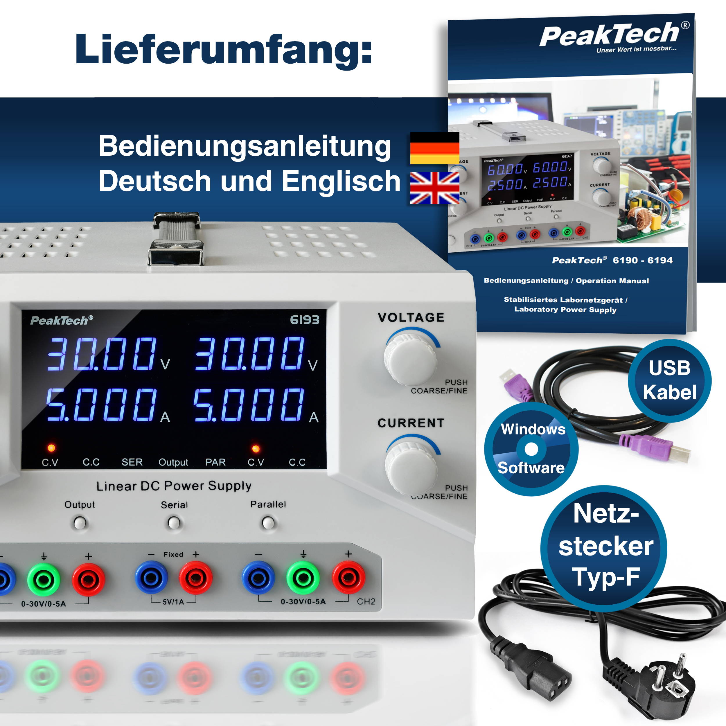 «PeakTech® P 6193» Fuente de alimentación 2x 0-30 V / 0-5 A DC y USB