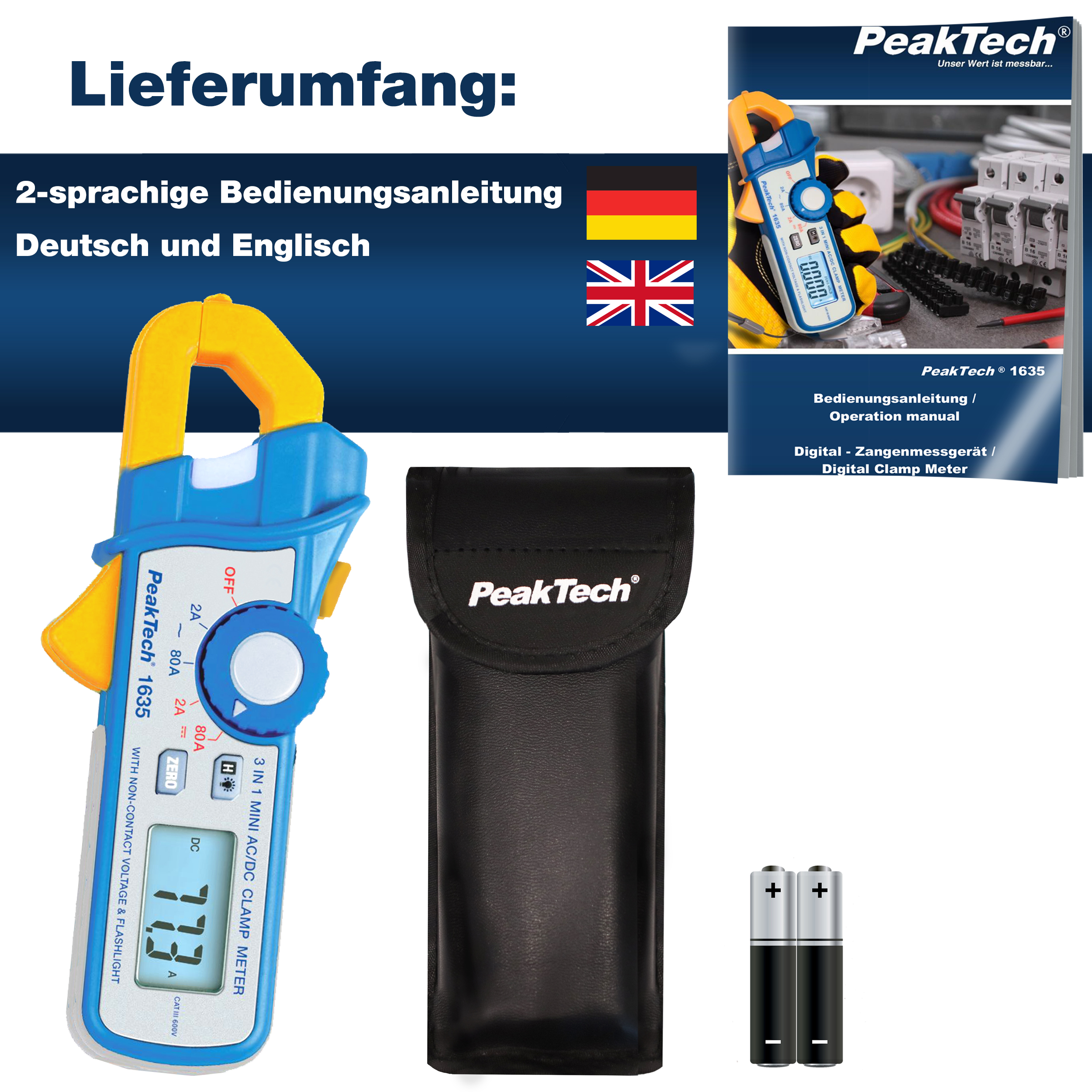 «PeakTech® P 1635» Leakage current clamp 2/80 A AC/DC, 1mA resolution