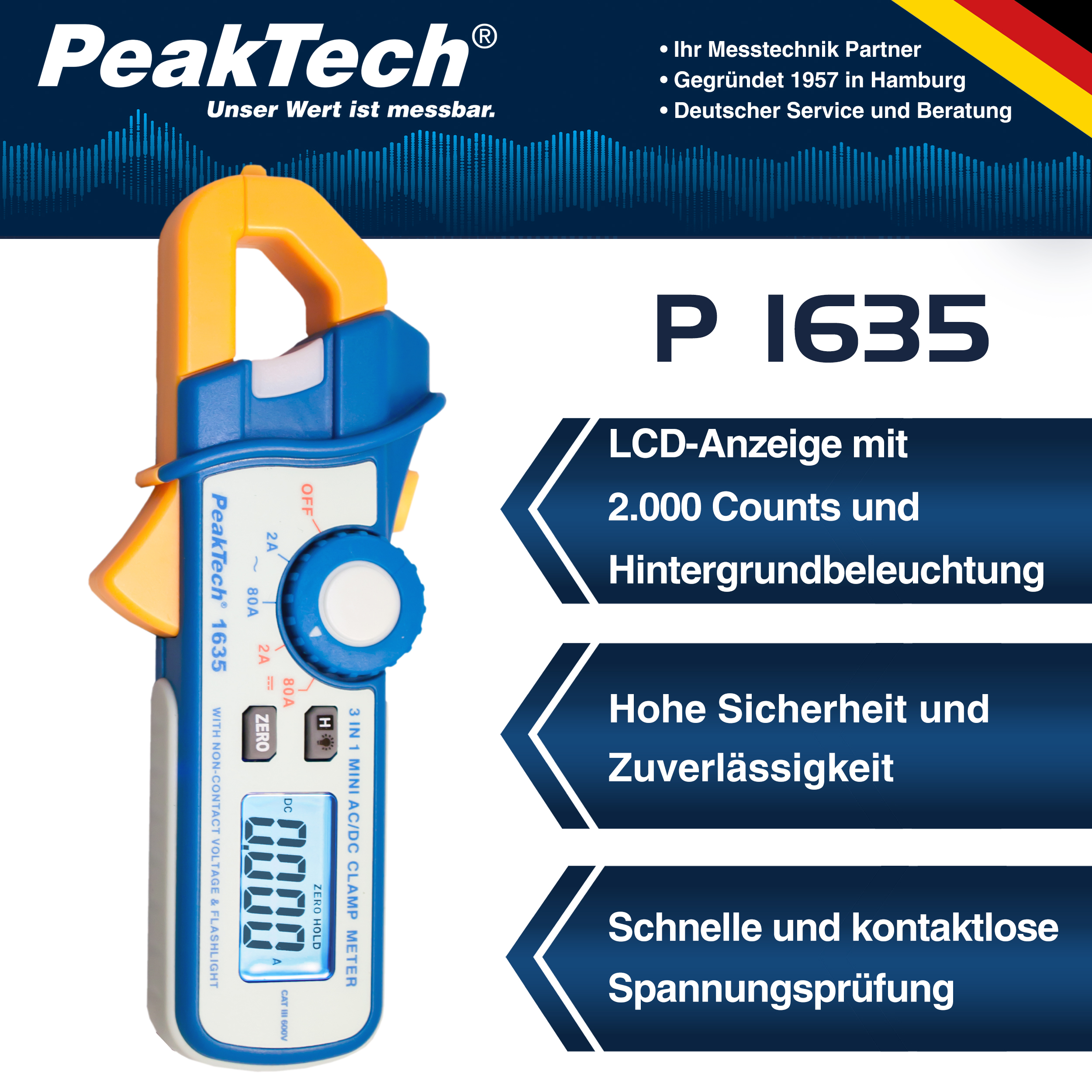 «PeakTech® P 1635» Leakage current clamp 2/80 A AC/DC, 1mA resolution