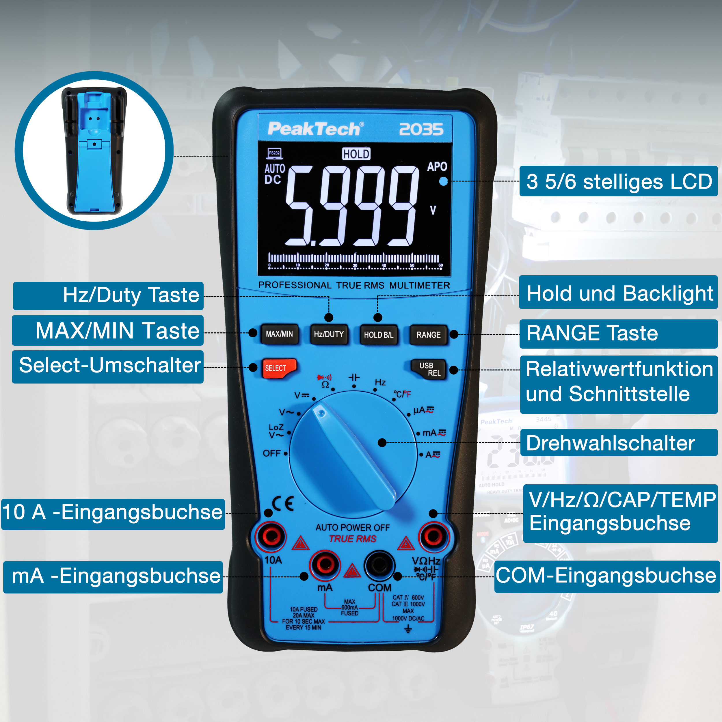 «PeakTech® P 2035» True RMS 1000V Digital Multimeter 6000 Counts, USB