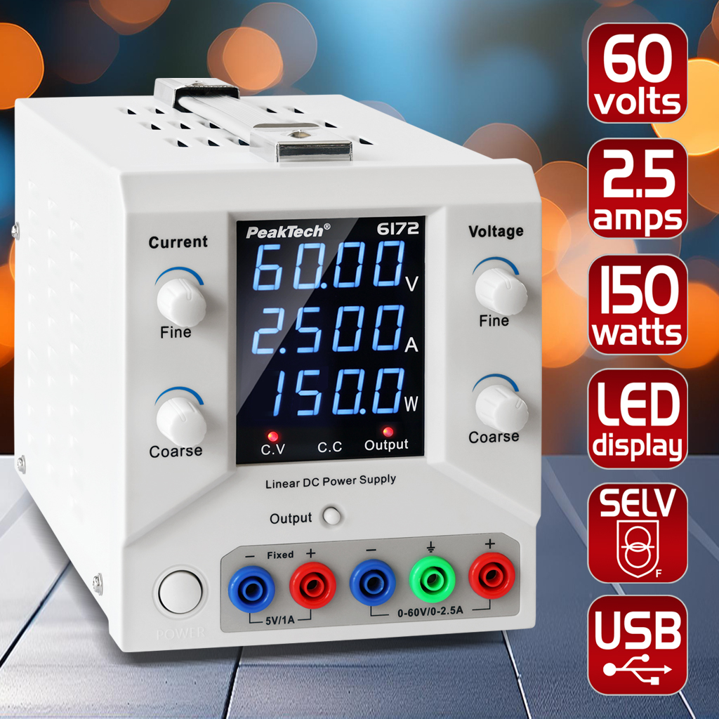 «PeakTech® P 6172» Laboratory power supply 0-60 V / 0-2,5 A DC & USB