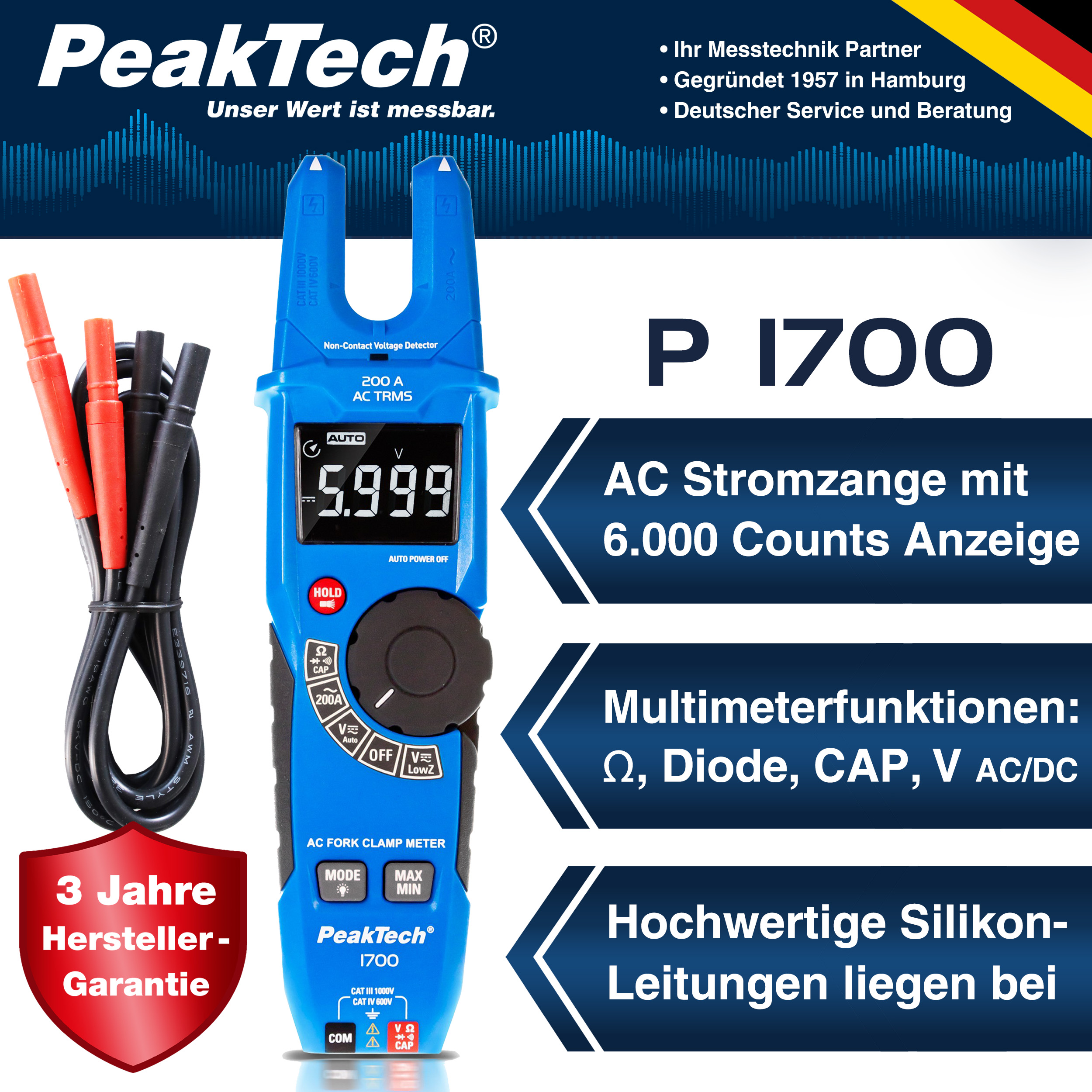 «PeakTech® P 1700» Medidor de Pinza TRMS, 6000 cuentas, 200A AC 1000V