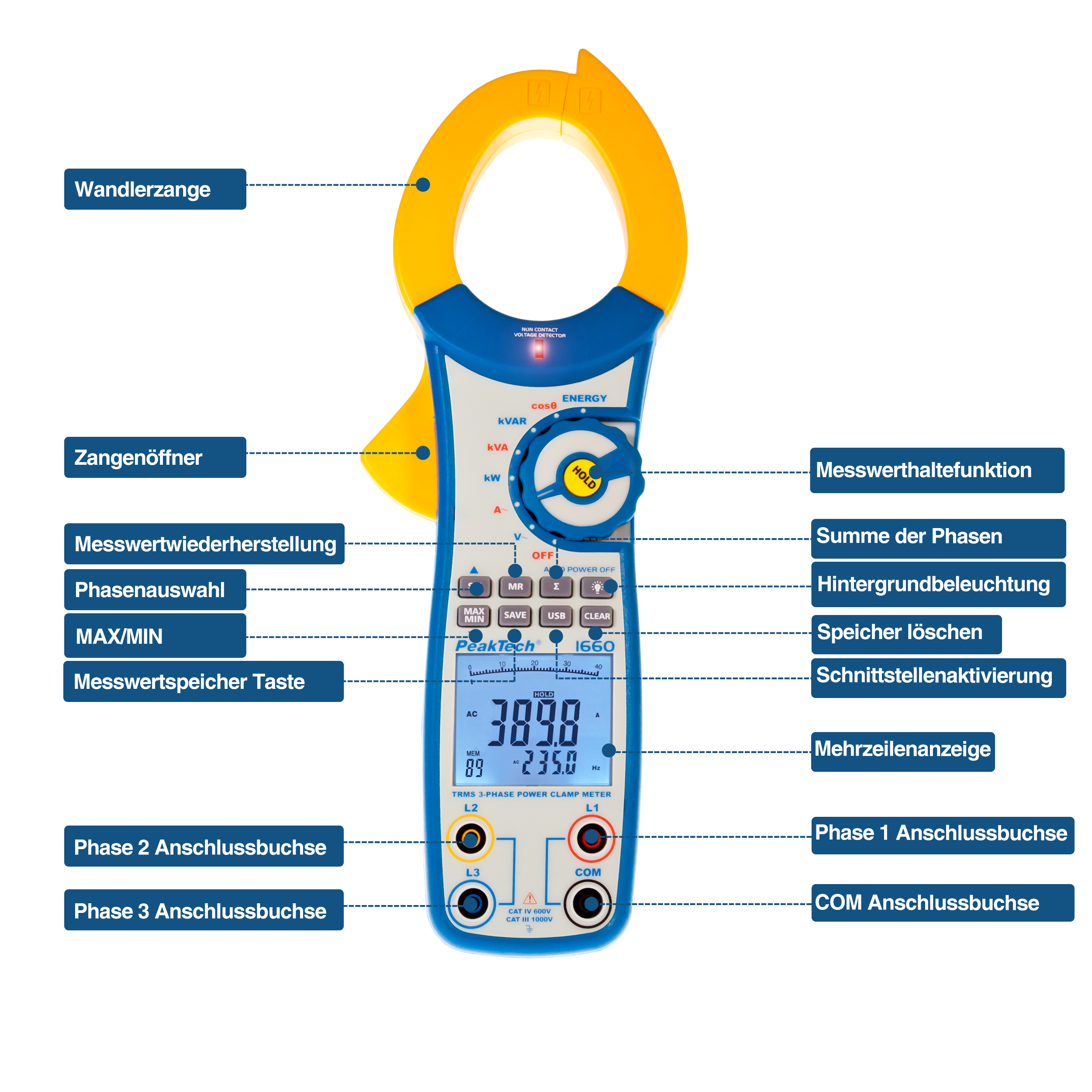 «PeakTech® P 1660» TrueRMS power clamp meter 1000 A AC up to 750 kW