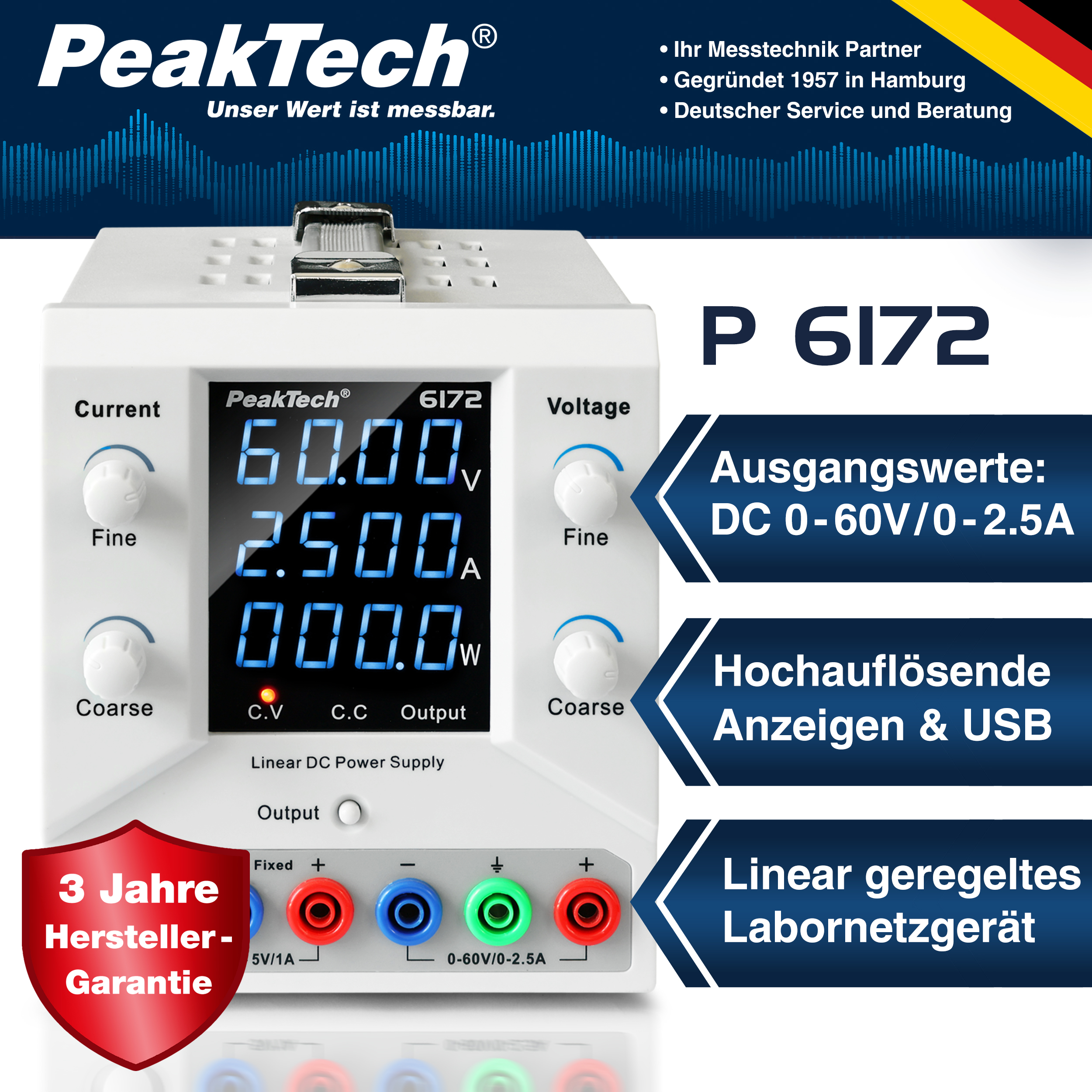 «PeakTech® P 6172» Digital Labornetzgerät 0-60 V / 0-2,5 A DC & USB