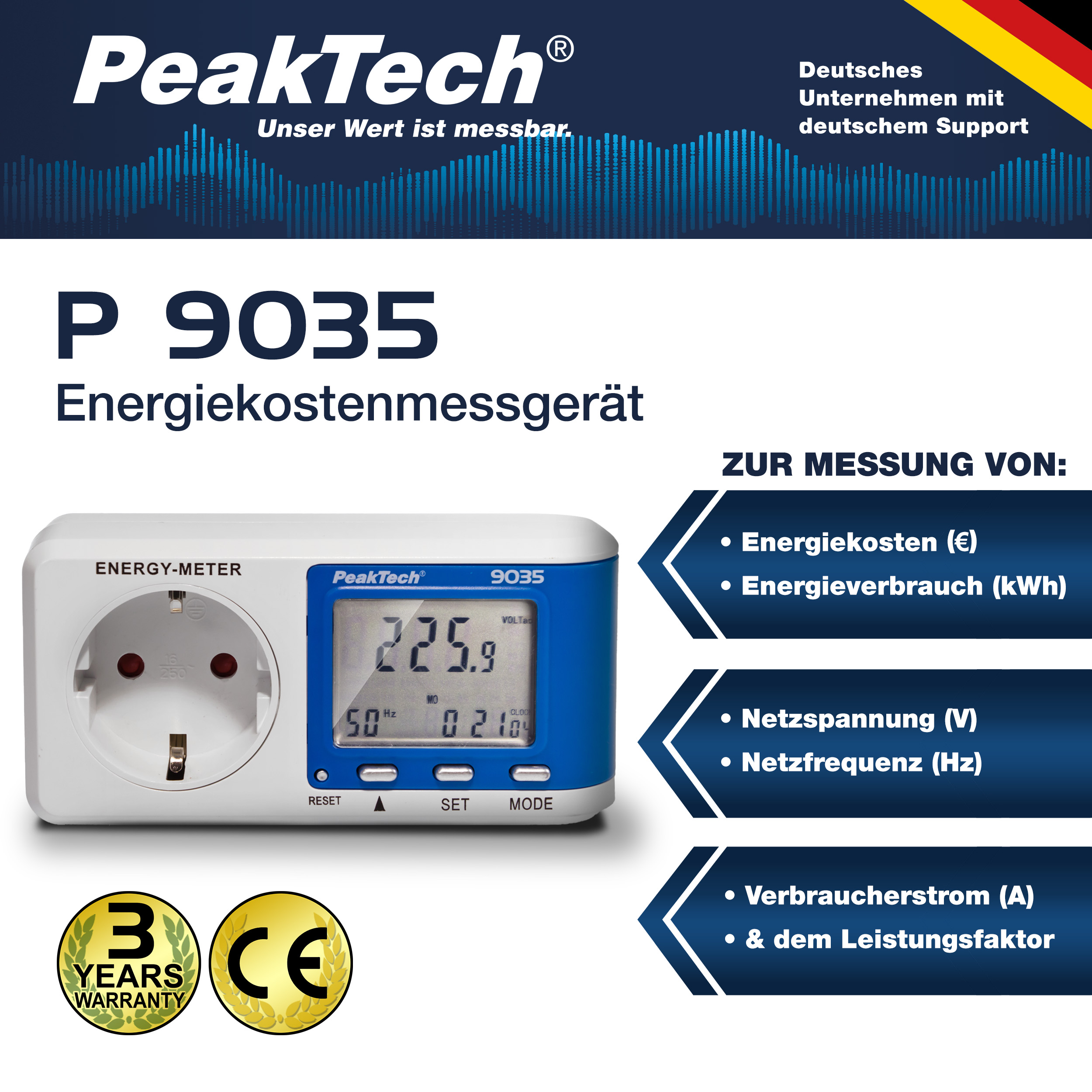 «PeakTech® P 9035» Energy meter ~ 0.005 A ... 16,000 A ~ 3680W ~ 0.1W resolution