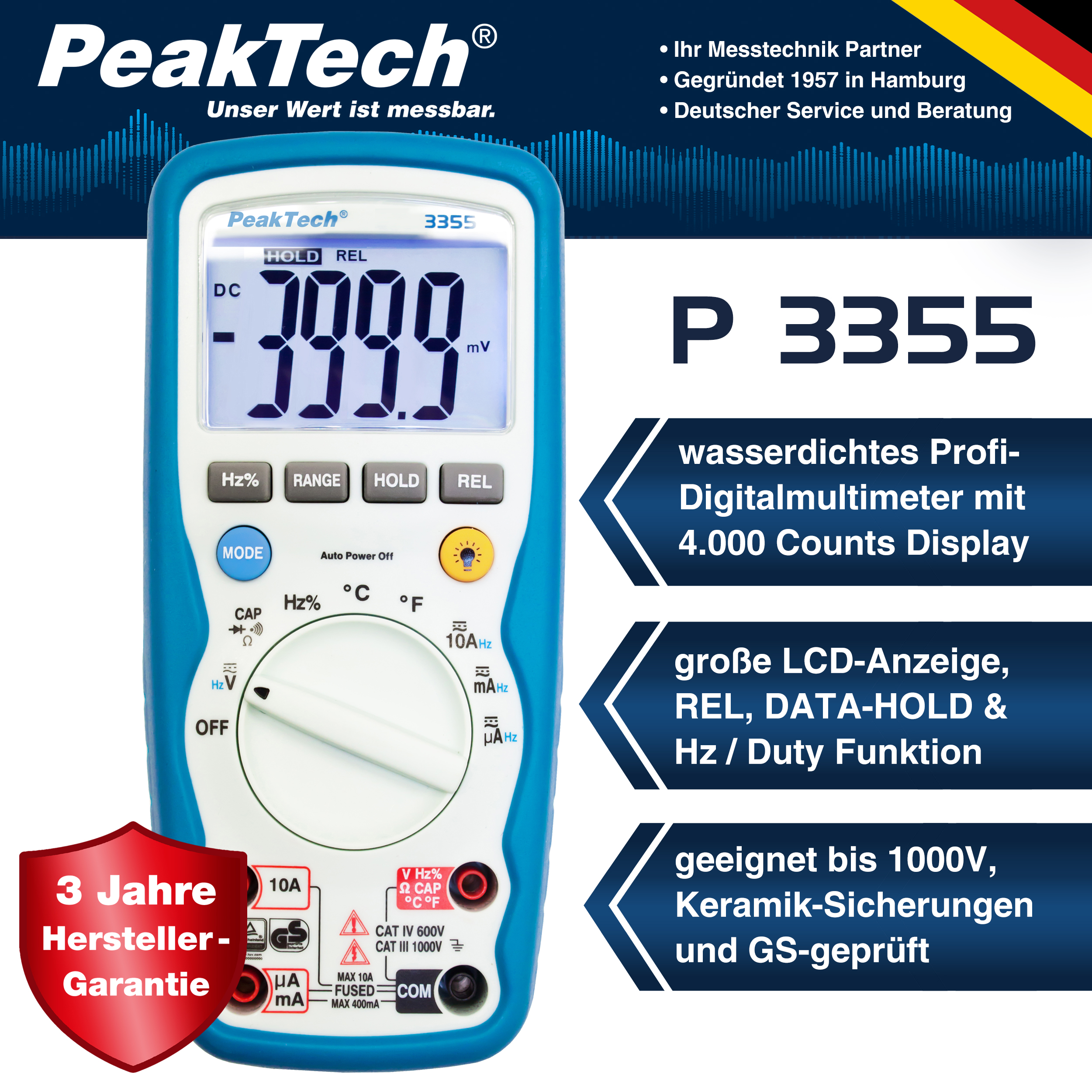 «PeakTech® P 3355» Multimetr cyfrowy, 4000 zliczeń, IP67