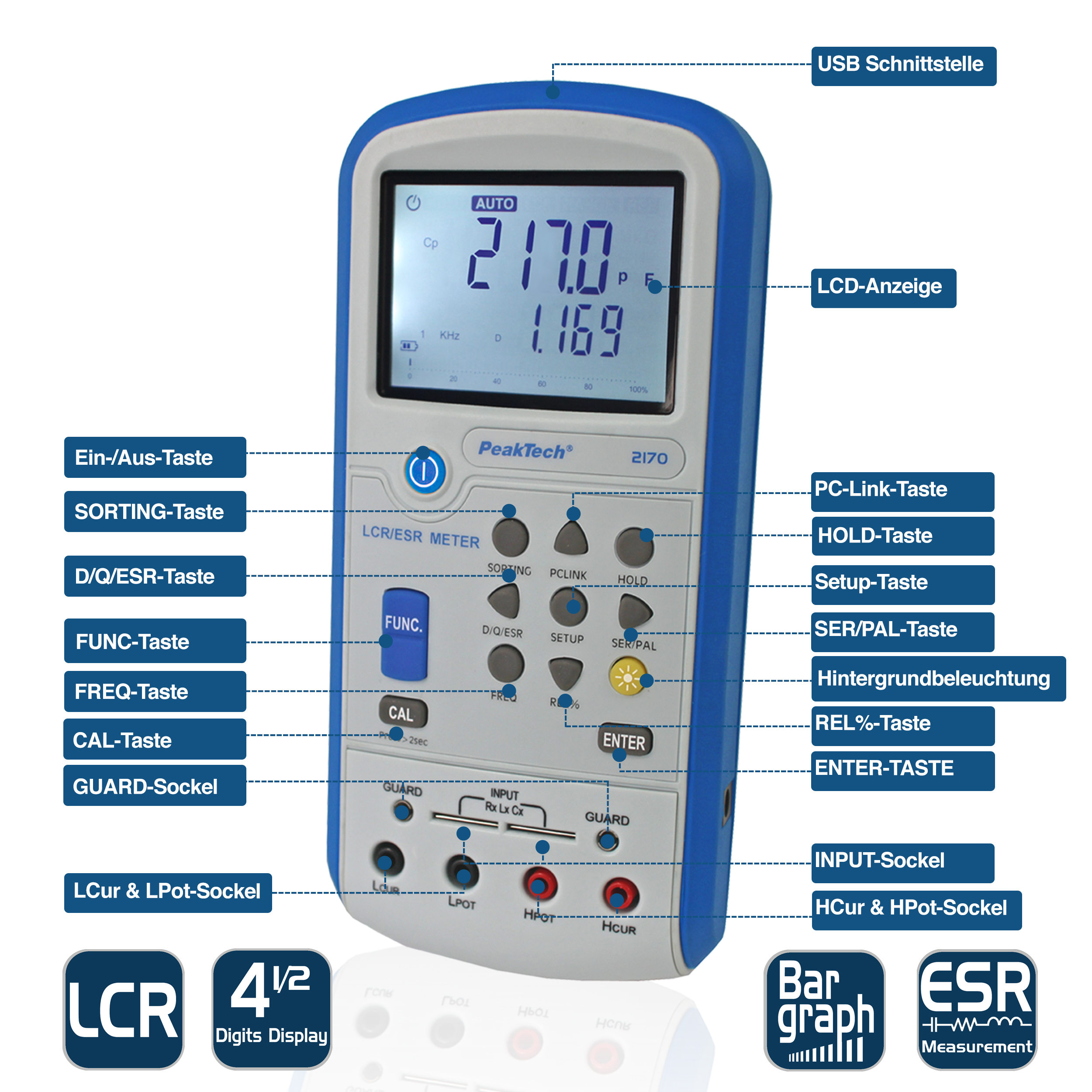 «PeakTech® P 2170» LCR-/ESR-Meter, 100 Hz - 100 kHz, with USB