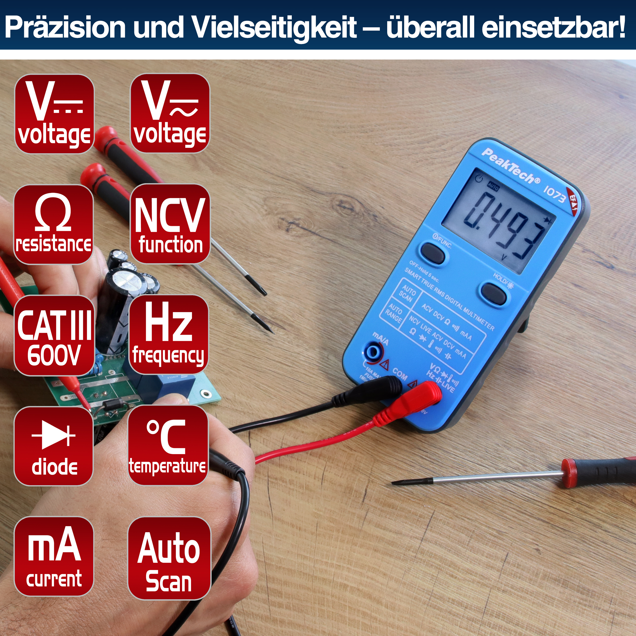 «PeakTech® P 1073» 600V AC/DC Smart-Multimeter mit NCV und Live-Test