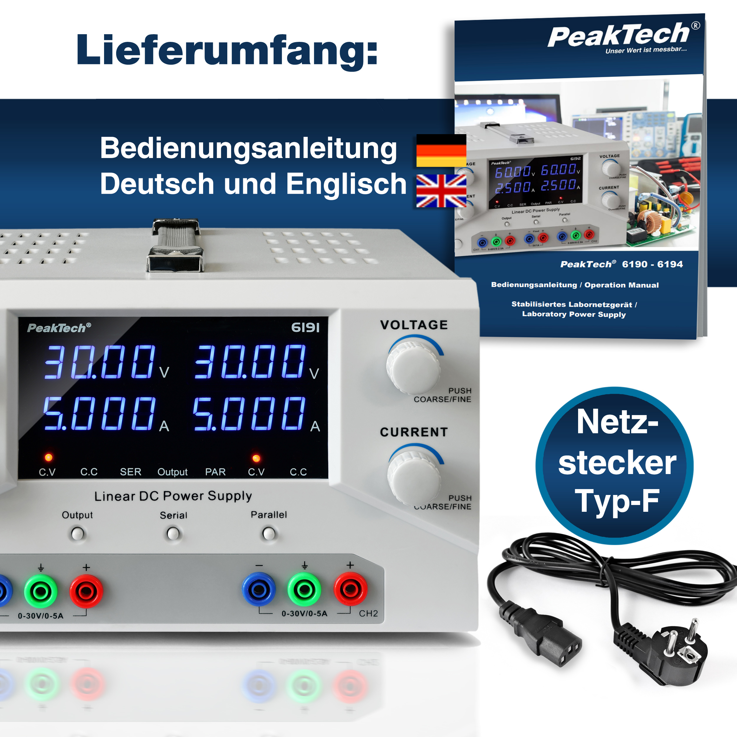 «PeakTech® P 6191» Digital Labornetzgerät 2x 0-30 V / 0-5 A DC