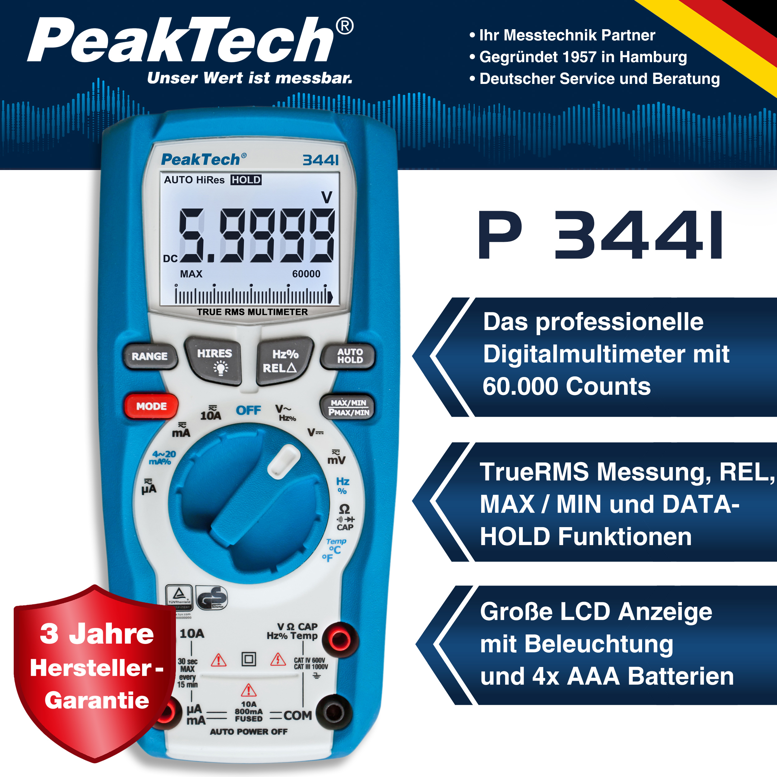 «PeakTech® P 3441» TrueRMS Digitalmultimeter 60.000 Counts