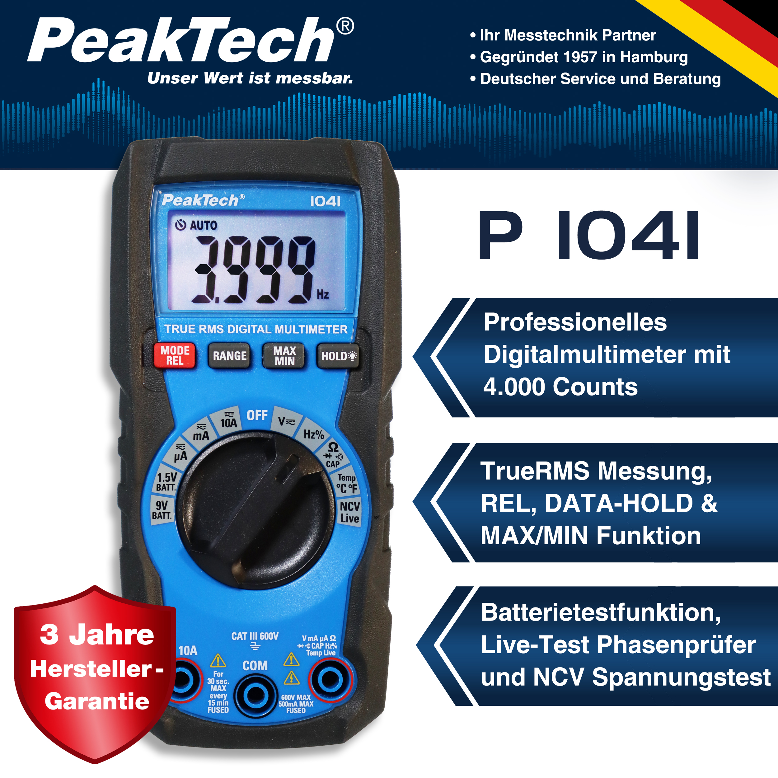 «PeakTech® P 1041» TrueRMS Digital Multimeter 4000 Counts, Auto.Range