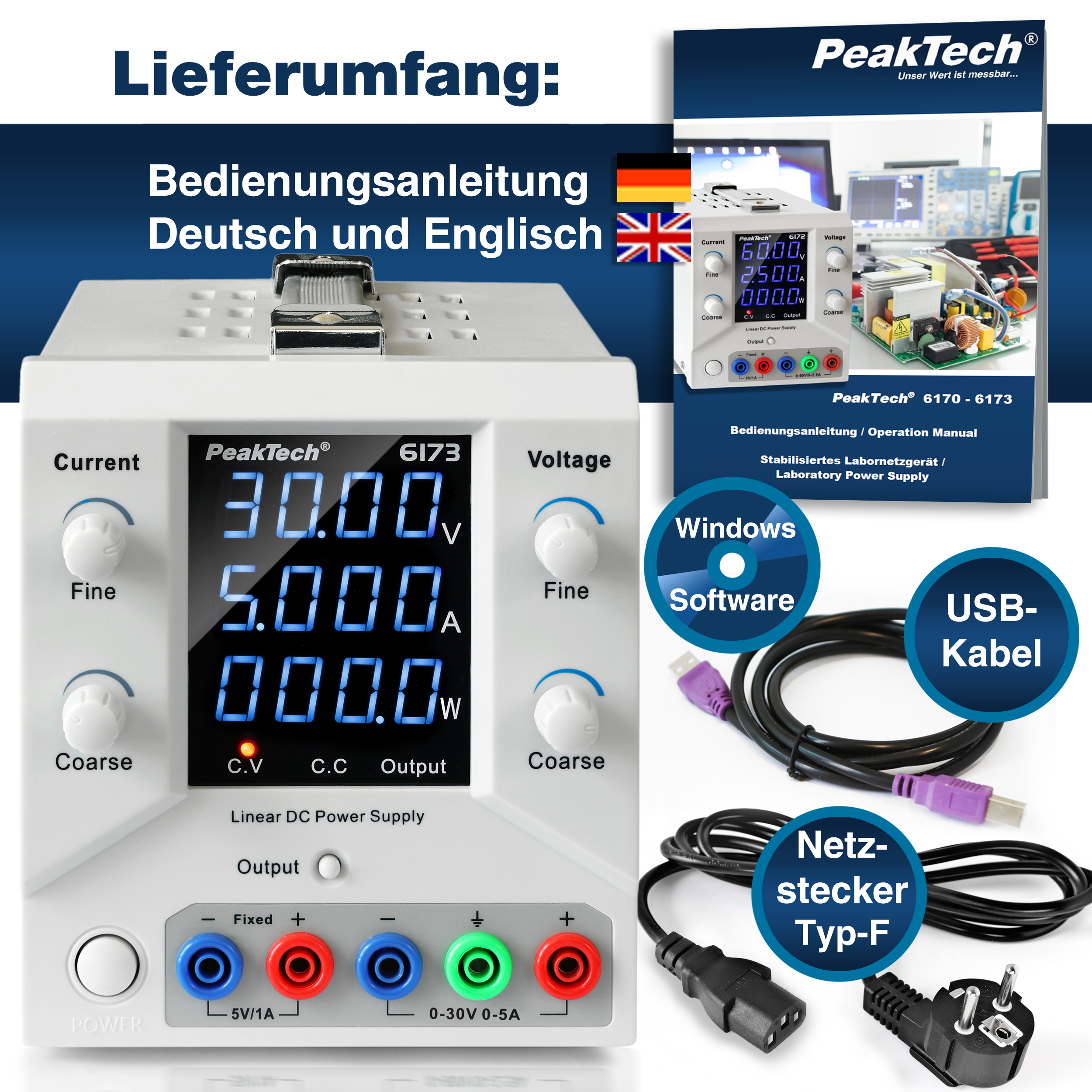 «PeakTech® P 6173» Digital Labornetzgerät 0-30 V / 0-5 A DC & USB